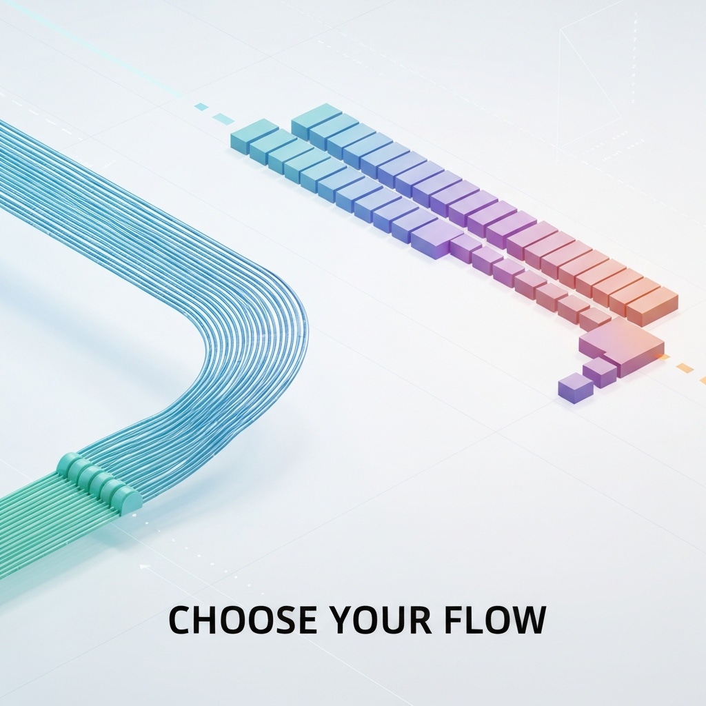 A conceptual digital art illustration comparing Node.js Streams and Async Iterators, showing two distinct data flow mechanisms: a continuous 'push' stream on the left and a segmented 'pull' flow on the right, with the headline 'CHOOSE YOUR FLOW'.